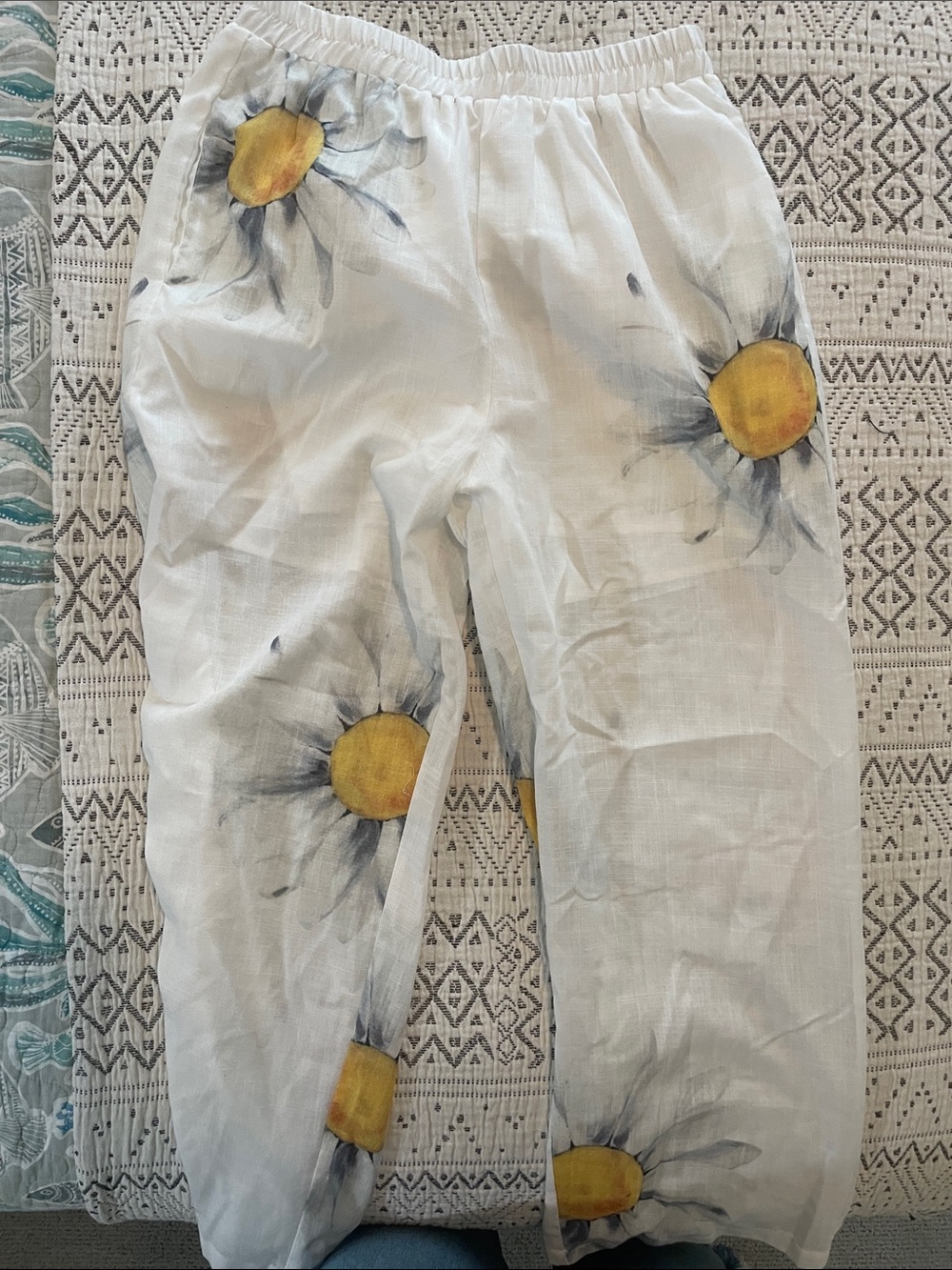 Kids White Pants with Yellow Daisy Print